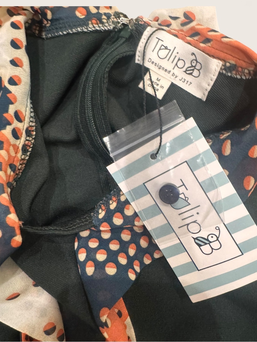 Tulip B Dark olive green Fit-and-Flare Dress with Orange Patterned Tie Medium - Picture 5 of 6